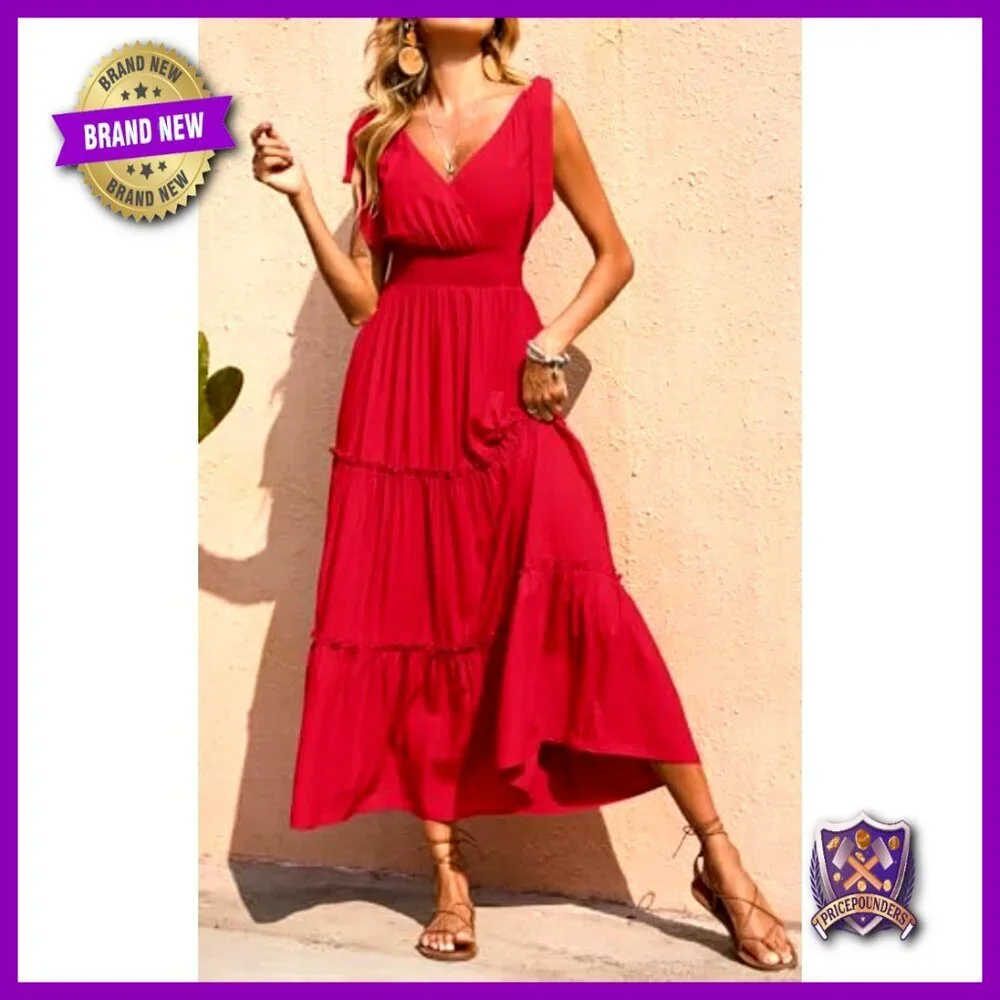 Sleeveless Smocked Waist Tiered Maxi Dress Cross Neck Boho Beach Sundress - Picture 2 of 7